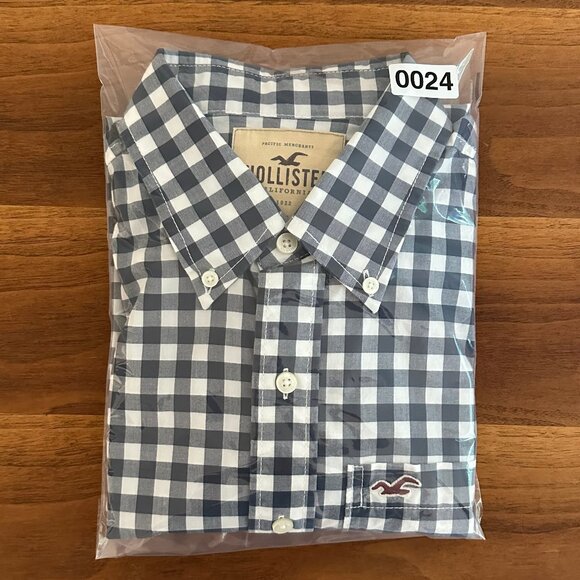 Hollister Navy Blue White Check Long Sleeve Preppy Button Down Shirt Size M - Picture 10 of 10